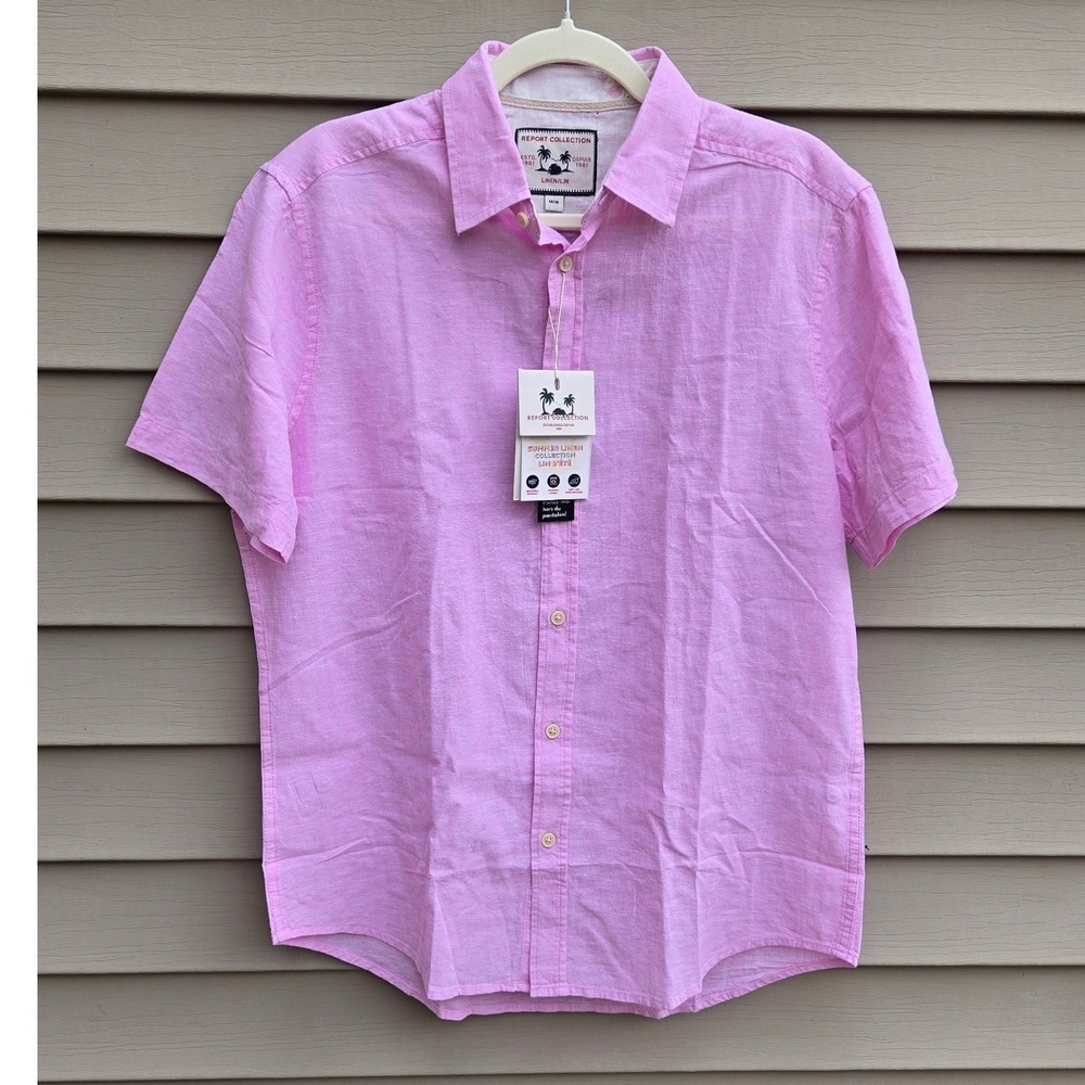 Report Collection Mens Pink Rose Linen Blend Short Sleeve Button Down Shirt M